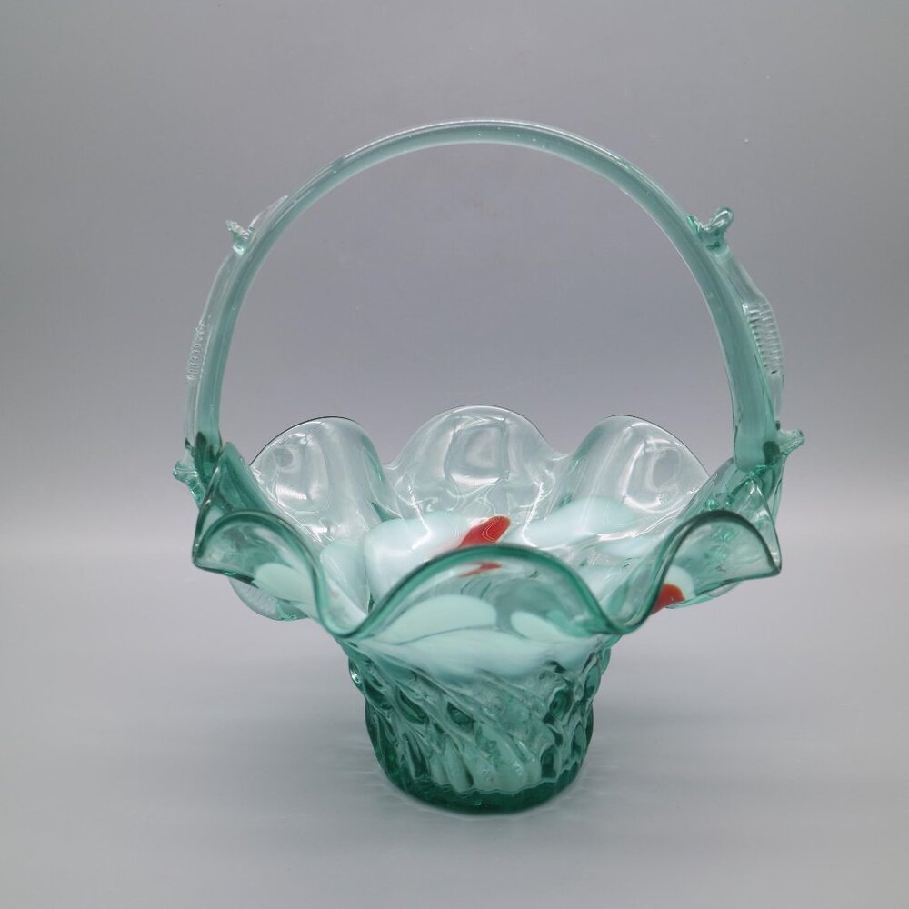 Vintage Hand Blown Art Glass Basket Large Blown Glass Decor Red White Spotted 8"